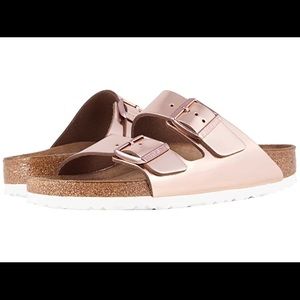 Rose gold Arizona birkenstock sandals